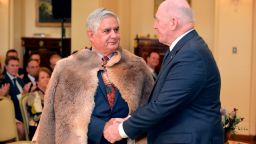 Governor General Peter Cosgrove (R) congratulates Minister for Indigenous Australians Ken Wyatt (R) during an oath-taking ceremony at Government House in Canberra on May 29, 2019. - Scott Morrison was sworn in as Australia's prime minister after shocking election victory over the centre-left Labor Party. (Photo by MARK GRAHAM / AFP)        (Photo credit should read MARK GRAHAM/AFP/Getty Images)