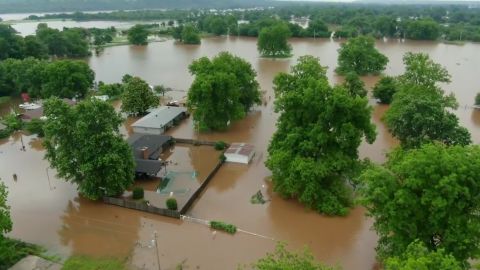 This aerial image from Tuesday shows flooding near Sand Springs, Oklahoma.