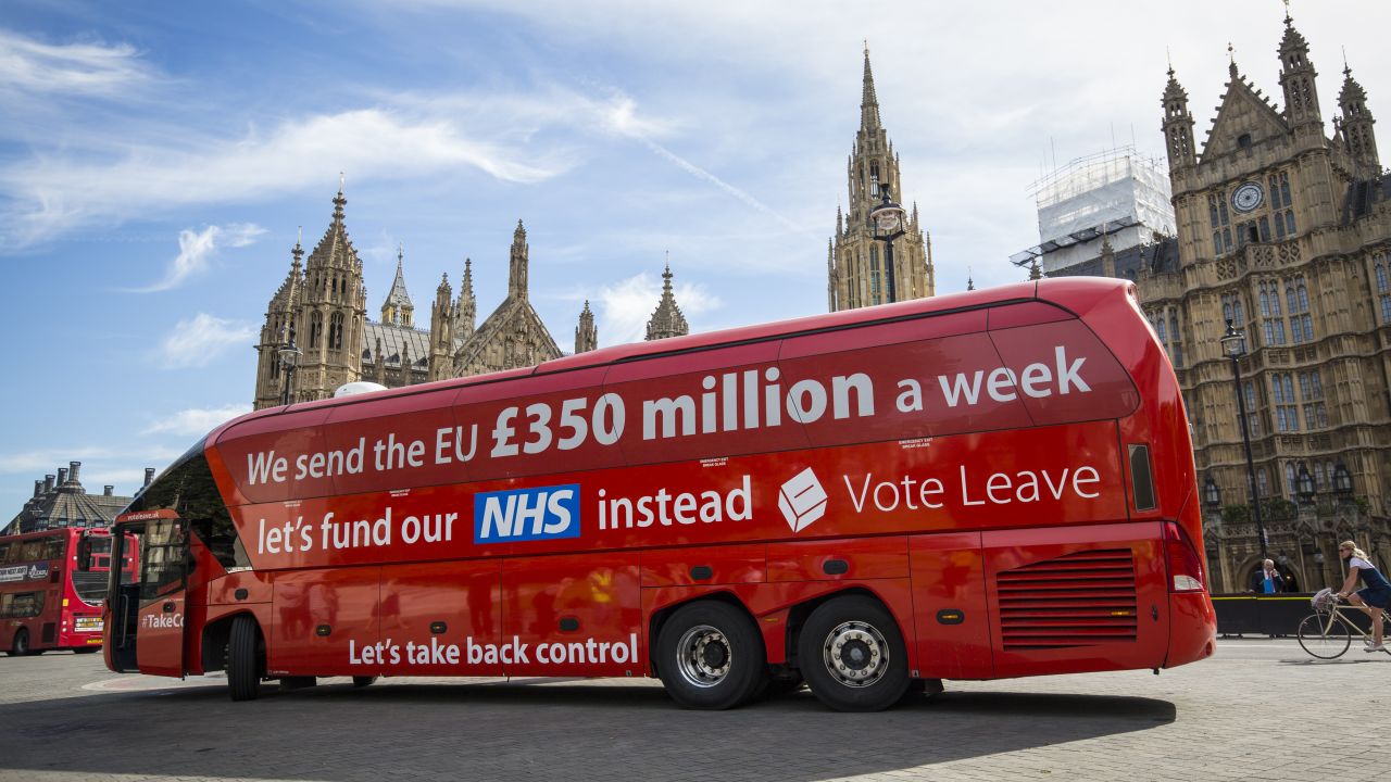 The 'Vote Leave' battle bus parked outside the Houses of Parliament in 2016. 