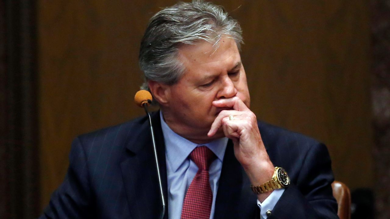 Craig Box, who's son Austin Box died of an opioid overdose, pauses during testimony Wednesday, May 29, 2019, in Norman, Okla., during Oklahoma's trial against drugmakers blamed for contributing to the opioid crisis. (AP Photo/Sue Ogrocki)