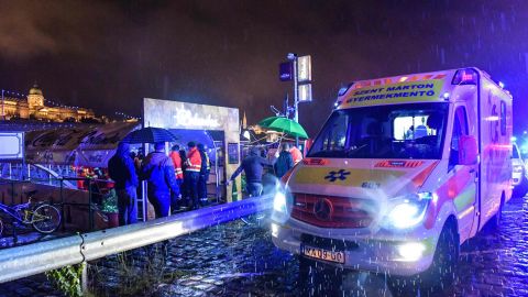 Rescue workers gather at the bank of the Danube River in downtown Budapest.
