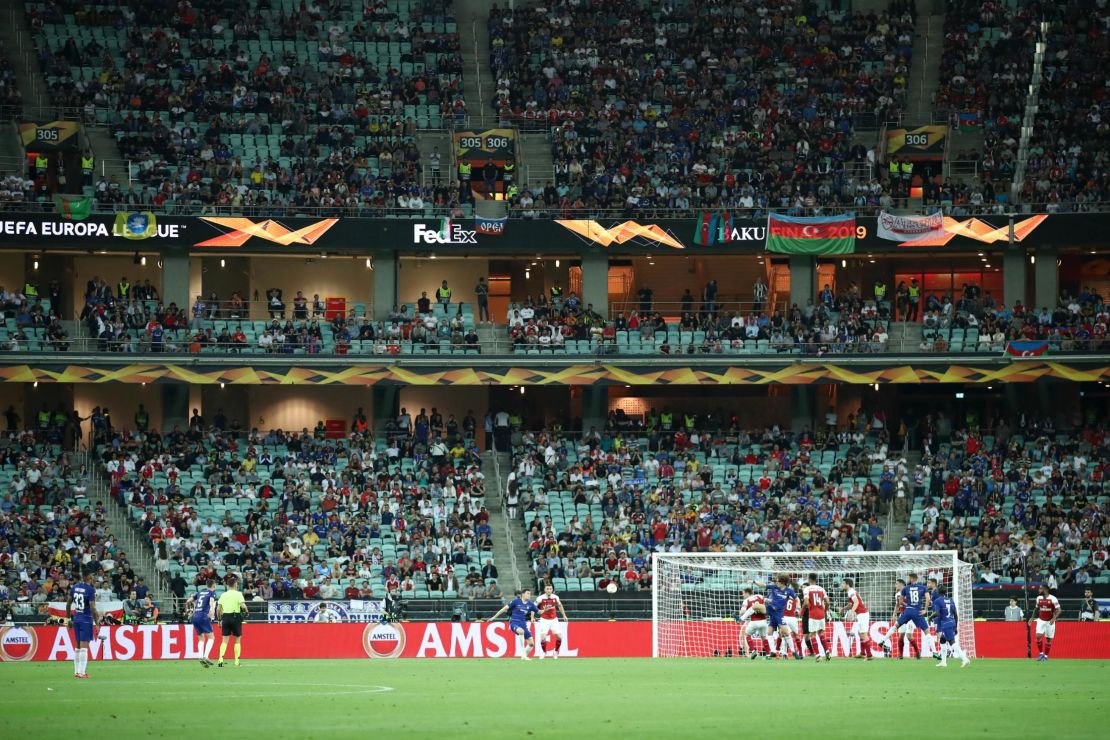 Empty seats are seen in the stadium during the Europa League Final between Chelsea and Arsenal.