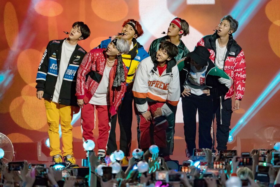 Following their American Music Awards performance, BTS appear on a handful of US talk shows. Here, BTS perform on Jimmy Kimmel Live! on November 29, 2017, in Los Angeles.