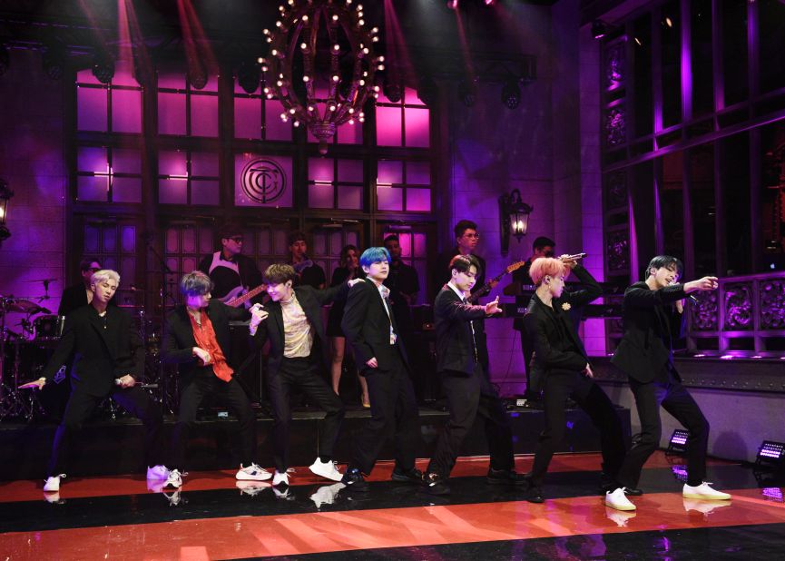 BTS become the first K-pop group to perform on Saturday Night Live on April 13, 2019. They perform their new single "Boy With Luv."