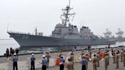 The U.S. Navy's Aegis destroyer USS John S. McCain (DDG-56), arrives for joint U.S.-South Korean military exercises at Donghae Harbor, South Korea, Saturday, July 24, 2010. North Korea warned Saturday that joint U.S. and South Korean military exercises poised to begin this weekend amount to a military provocation that will draw a "powerful" nuclear response from Pyongyang. (AP Photo/Yonhap)  ** KOREA OUT **