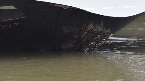 Abrasive damage visible on the Viking Sigyn hotelship, following its collision with the sightseeing boat.