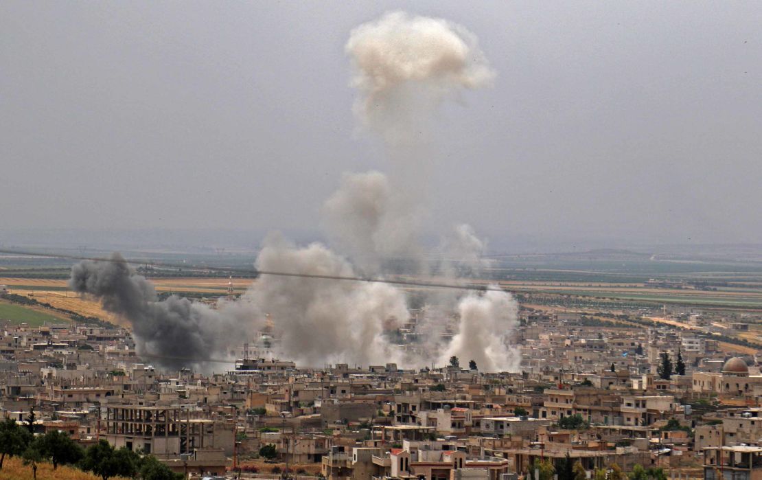 Plumes of smoke rising in the town of town of Khan Sheikhoun in Idlib following reported Syrian government bombardment on May 23.