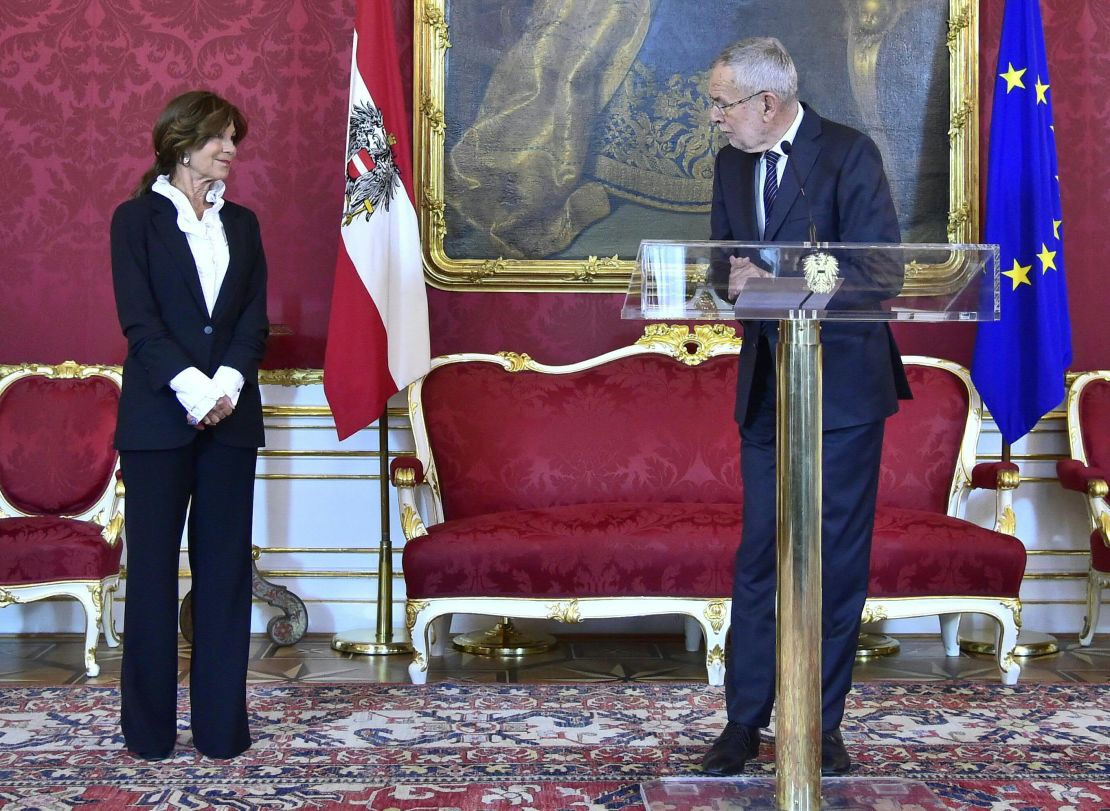 Austrian President Alexander Van der Bellen makes a statement alongside the country's new interim chancellor, Brigitte Bierlein, on Thursday.