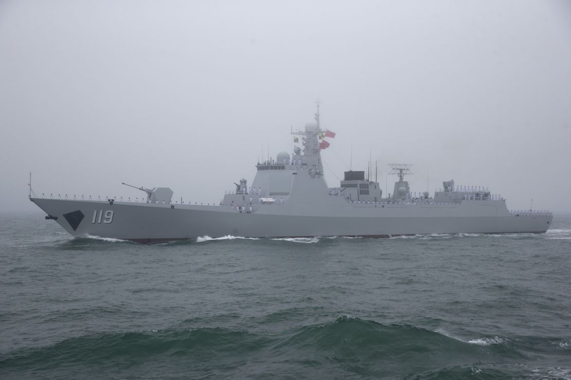 The Chinese Type 52D guided missile destroyer Guiyang  participates in a naval parade  on April 23, 2019.