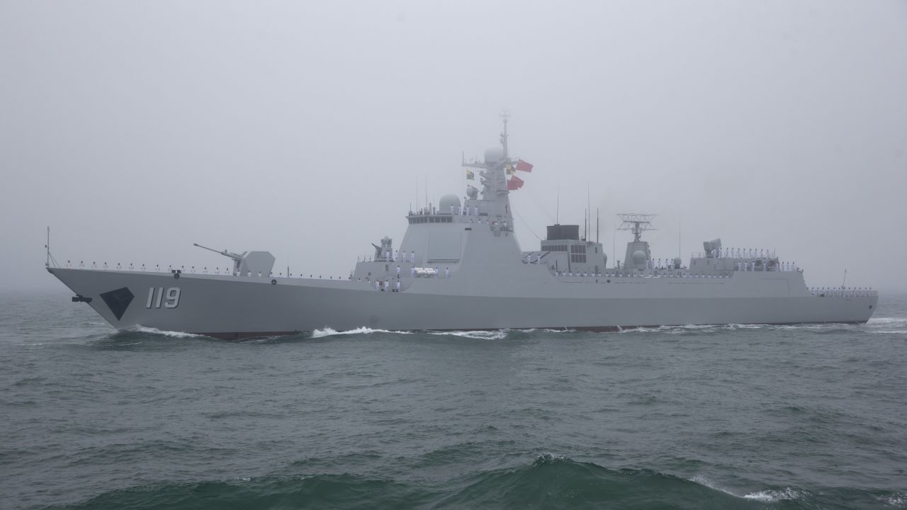 The Chinese Type 52D guided missile destroyer Guiyang  participates in a naval parade  on April 23, 2019.