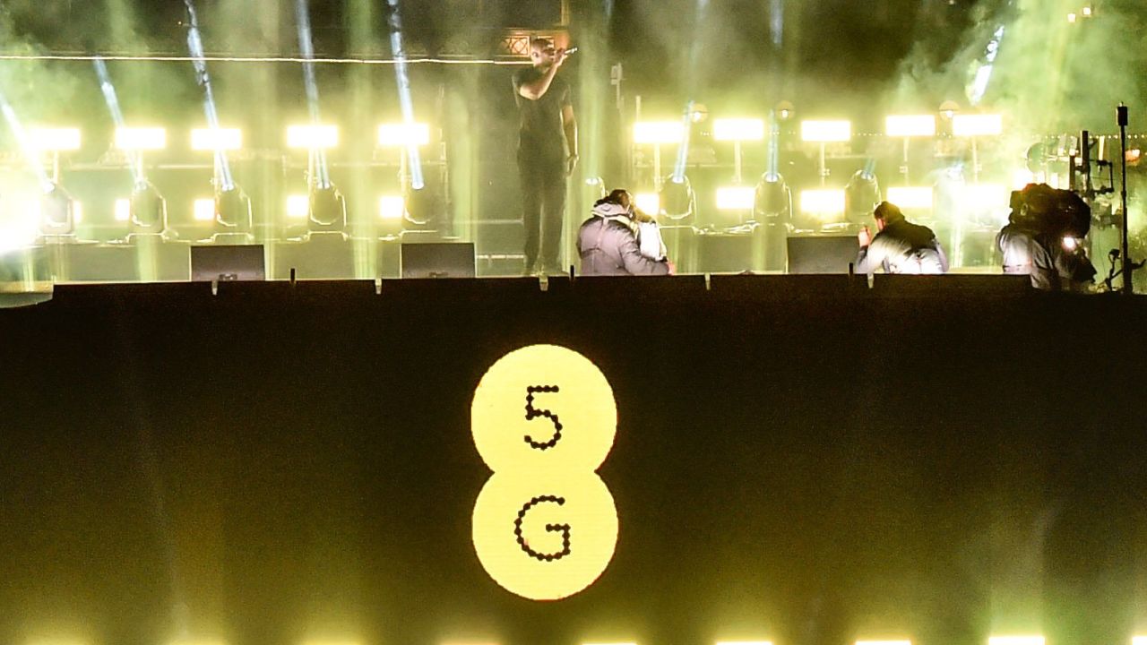 Musician Stormzy performs at a gig in London to mark the launch of 5G on the carrier EE.