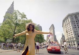 In this June 26, 1994, file photo, LGBT pioneer Sylvia Rivera leads an ACT-UP march past New York's Union Square Park. (AP Photo/Justin Sutcliffe, File)