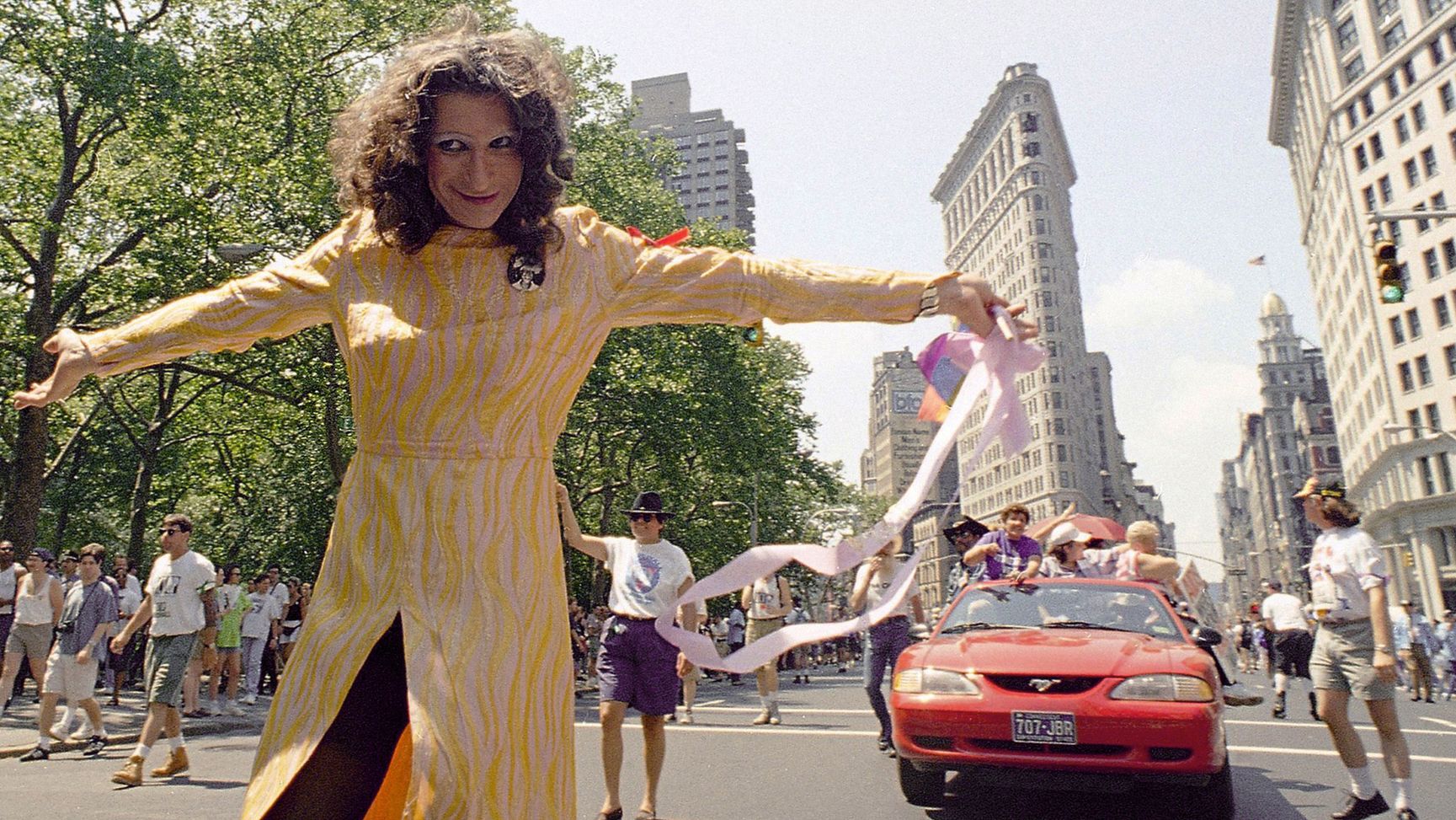 In this June 26, 1994, file photo, LGBT pioneer Sylvia Rivera leads an ACT-UP march past New York's Union Square Park. (AP Photo/Justin Sutcliffe, File)