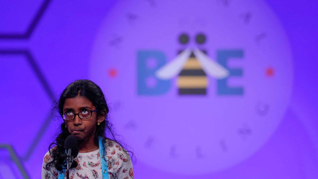 Nithika Rangan of Elk Grove, California, concentrates as she competes in the Scripps National Spelling Bee on Tuesday, May 28.