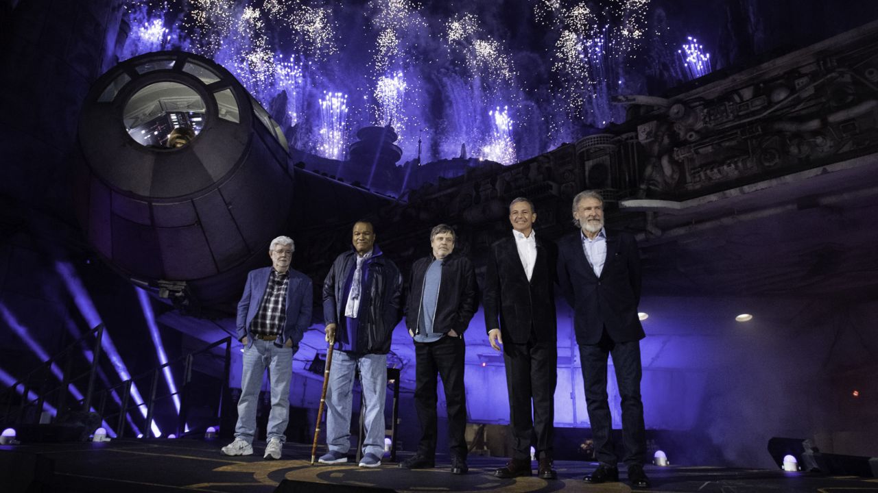 "Star Wars" creator George Lucas, left, is joined by some special guests during <a href="https://www.cnn.com/travel/article/disneyland-star-wars-galaxys-edge-preview/index.html" target="_blank">the launch of Disneyland's new Star Wars land</a> on Wednesday, May 29. With Lucas, from left, are actor Billy Dee Williams, actor Mark Hamill, Disney CEO Robert Iger and actor Harrison Ford.