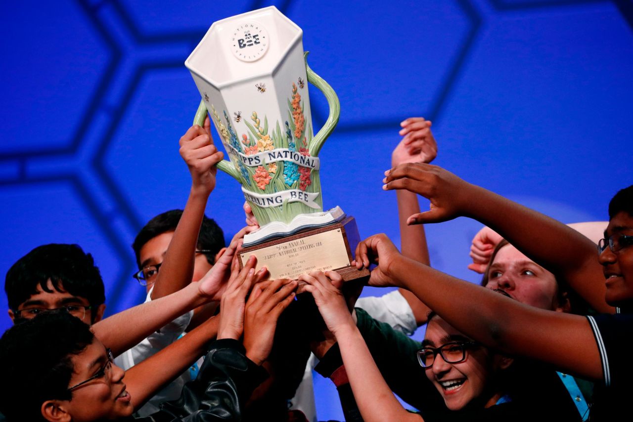 The spelling bee ended in an unprecedented eight-way tie after organizers ran out of challenging words. 