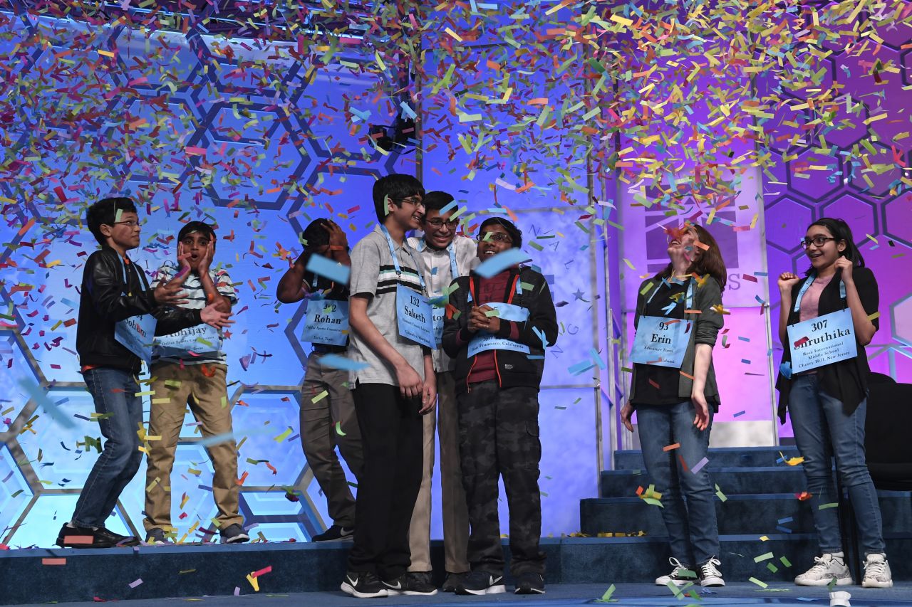 The eight co-champions of this year's Scripps National Spelling Bee celebrate <a href="https://www.cnn.com/2019/05/31/sport/scripps-national-spelling-bee-winner/index.html" target="_blank">their win</a> in Oxon Hill, Maryland, on Friday, May 31. From left are Sohum Sukhatankar, 13, of Dallas; Abhijay Kodali, 12, of Flower Mound, Texas; Rohan Raja, 13, of Irving, Texas; Saketh Sundar, 13, of Clarksville, Maryland; Christopher Serrao, 13, of Whitehouse Station, New Jersey; Rishik Gandhasri, 13, of San Jose, California; Erin Howard, 14, of Huntsville, Alabama; and Shruthika Padhy, 13, of Cherry Hill, New Jersey.