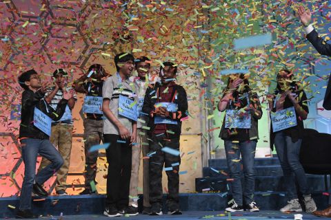 The co-champions of the 2019 Scripps National Spelling Bee, from left, Sohum Sukhatankar, 13, of Dallas, Texas; Abhijay Kodali, 12, of Flower Mound, Texas; Rohan Raja, 13, of Irving, Texas; Saketh Sundar, 13, of Clarksville, Maryland; Christopher Serrao, 13, of Whitehouse Station, New Jersey; Rishik Gandhasri, 13, of San Jose, Calif.; Erin Howard, 14, of Huntsville, Ala.; and Shruthika Padhy, 13, of Cherry Hill, New Jersey, celebrate in Oxon Hill. The final competition began Thursday night and ended shortly after midnight early Friday.