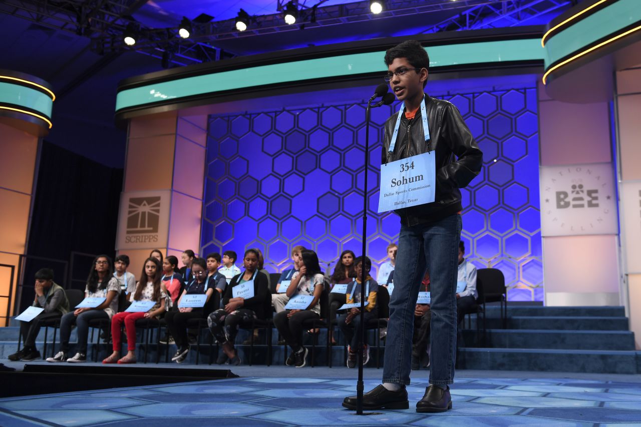 Sohum Sukhatankar, 13, of Dallas, successfully spells a word during the finals of the Scripps National Spelling Bee in Oxon Hill, Maryland, on Thursday.
