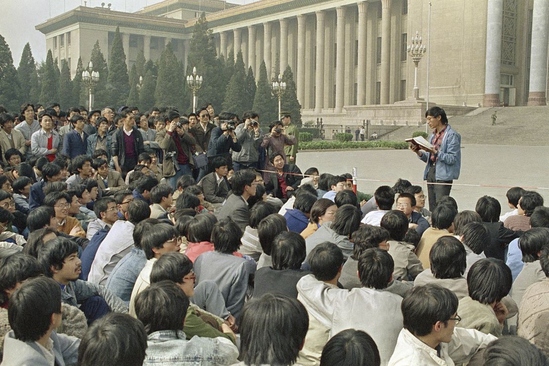 A Chinese student leader reads a list of demands to students staging a sit-in in front of Beijing's Great Hall of the People on April 18.