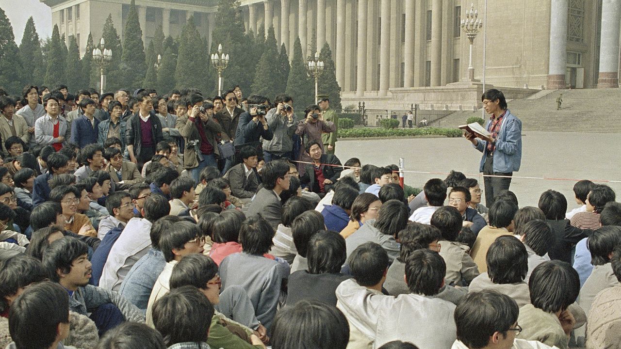 A Chinese student leader reads a list of demands to students staging a sit-in in front of Beijing's Great Hall of the People on April 18.