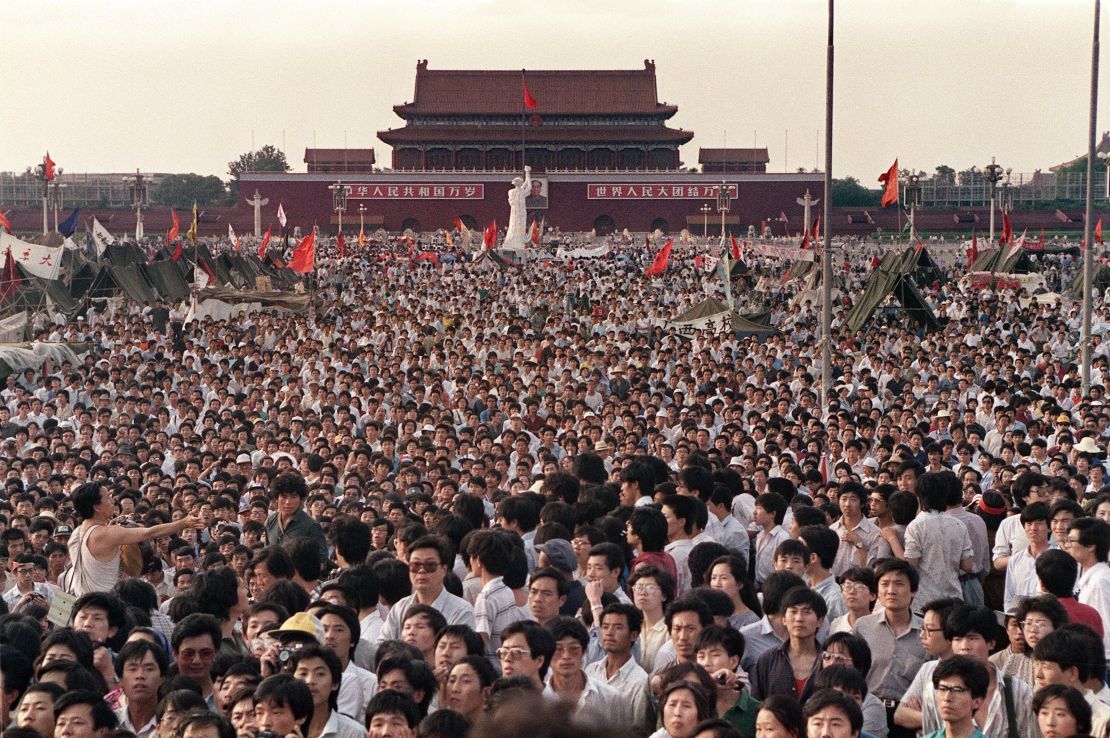 Hundreds of thousands of Chinese gather on June 2, 1989, in Tiananmen Square around a 10-metre statue of the Goddess of Democracy,  demanding democracy despite martial law in Beijing.