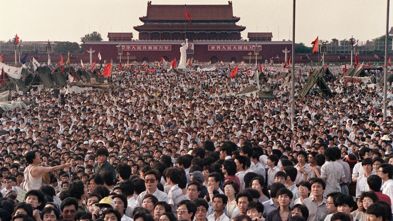 Hundreds of thousands of Chinese gather on June 2, 1989, in Tiananmen Square around a 10-metre statue of the Goddess of Democracy,  demanding democracy despite martial law in Beijing.