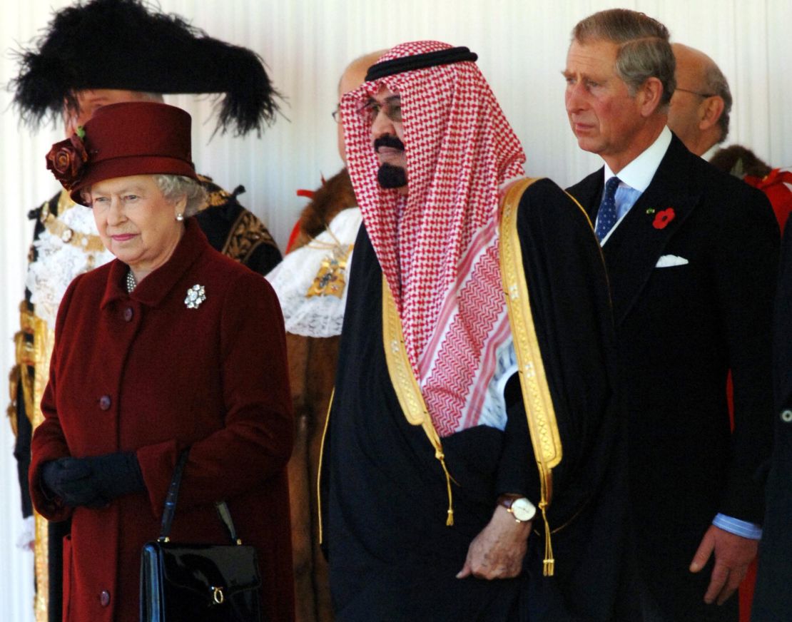 The Queen, Prince Charles (R) and King Abdullah of Saudi Arabia look on during a ceremonial welcome for the King at Horse Guards Parade in London in 2007.