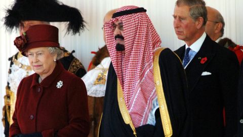 The Queen, Prince Charles (R) and King Abdullah of Saudi Arabia look on during a ceremonial welcome for the King at Horse Guards Parade in London in 2007.