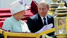 LONDON, UNITED KINGDOM:  Russian President Vladimir Putin (R) and Queen (L) leave in an open carriage after the president was given a ceremonial welcome on Horse Guards Parade, by the Queen and the Duke of Edinburgh in London 24 June 2003. The ceremonial welcome will be followed by a state carriage procession along the Mall to Buckingham Palace where the President will stay during his State Visit. Mr Putin and his wife, will pay the first State Visit to the United Kingdom by a Russian leader since the reign of Queen Victoria. AFP PHOTO Nicolas ASFOURI. WPA/POOL (Photo credit should read NICOLAS ASFOURI/AFP/Getty Images)