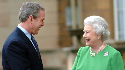 US President George W. Bush and the Queen at the end of a three-day state visit to the UK in 2003. 