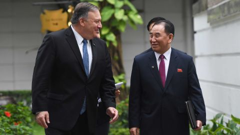 US Secretary of State Mike Pompeo (left) speaks with North Korean senior ruling party official Kim Yong Chol during the second US-North Korea summit at the Sofitel Legend Metropole hotel in Hanoi on February 28.