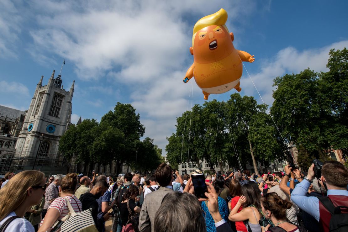 Demonstrators in London raised a six meter high balloon named the 'Trump Baby' to protest the president's last visit to the United Kingdom. 