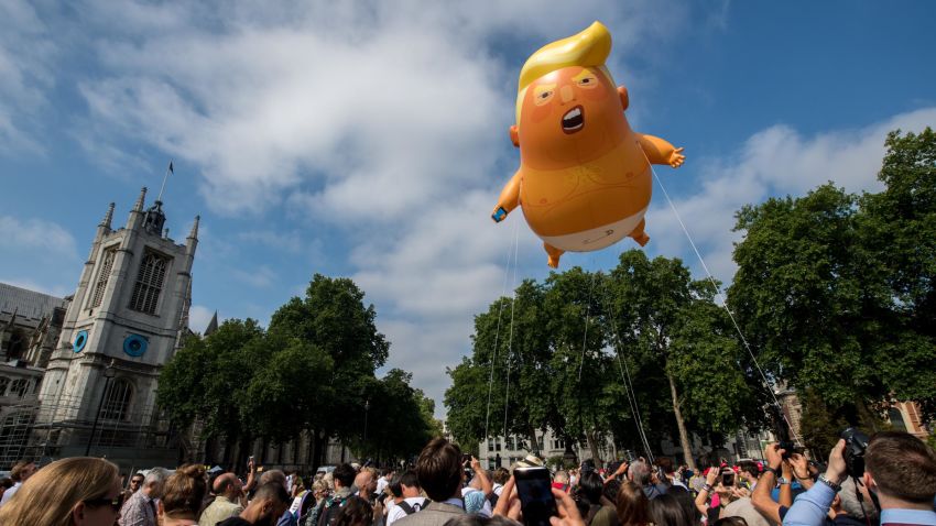 Demonstrators in London raised a six meter high balloon named the 'Trump Baby' to protest the president's last visit to the United Kingdom.