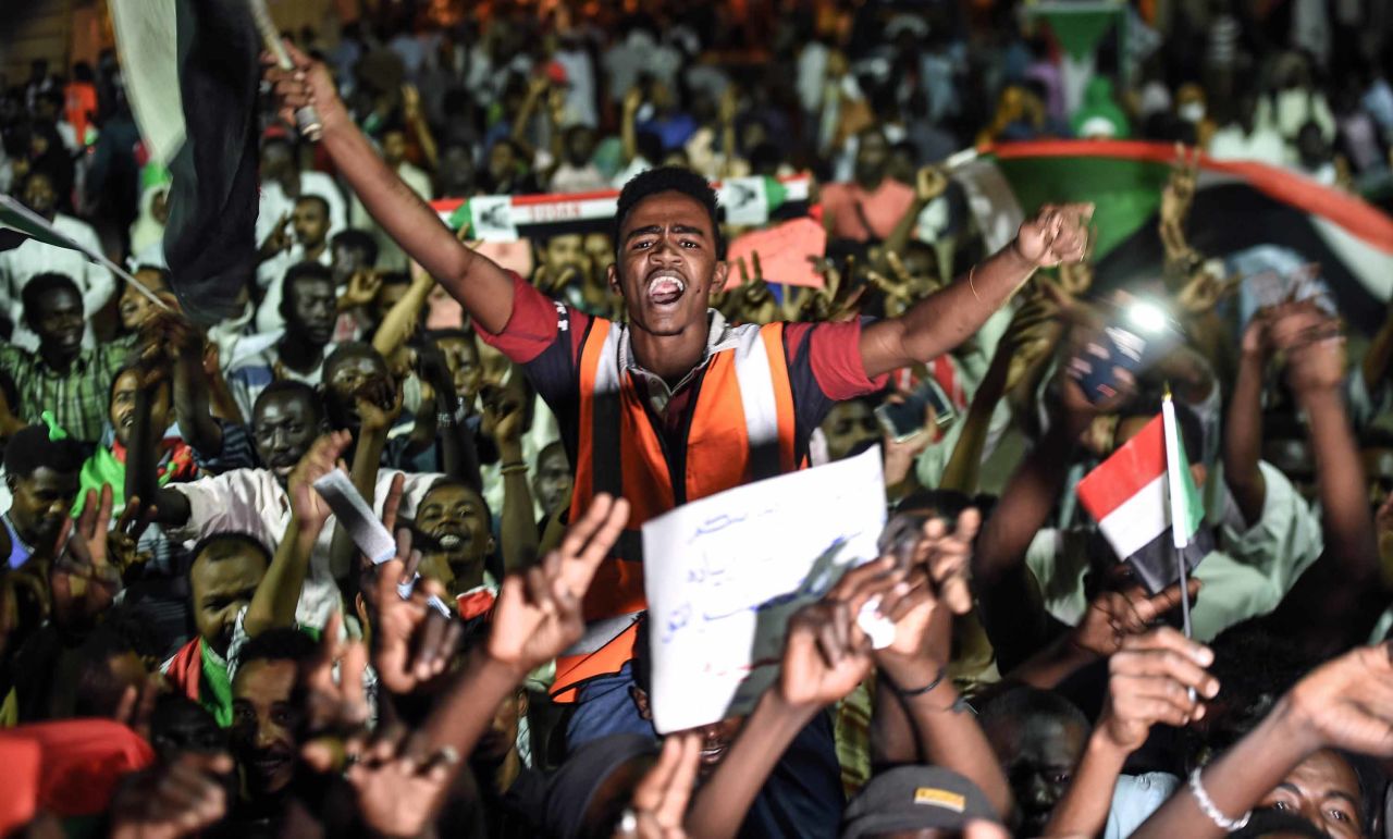 Protesters gather for a sit-in outside the military headquarters in Khartoum on May 19.