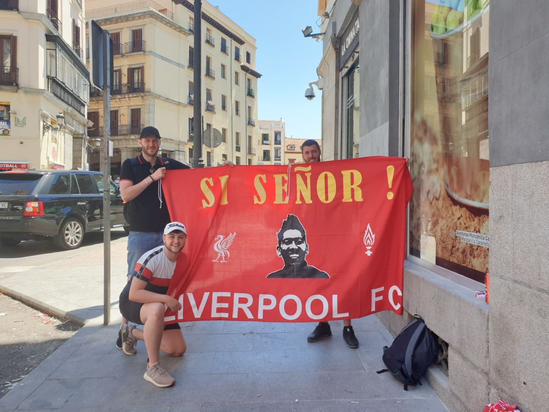 Liverpool fan Owen, 24 (bottom left), had a two-day layover in Ibiza to get to Madrid.