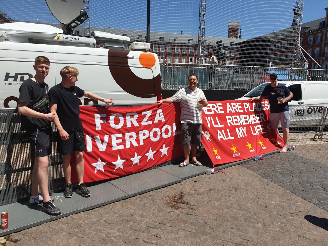 Liverpool fans (left to right) Danny, Dan, Paul and Kenny, in Plaza Mayor in central Madrid.
