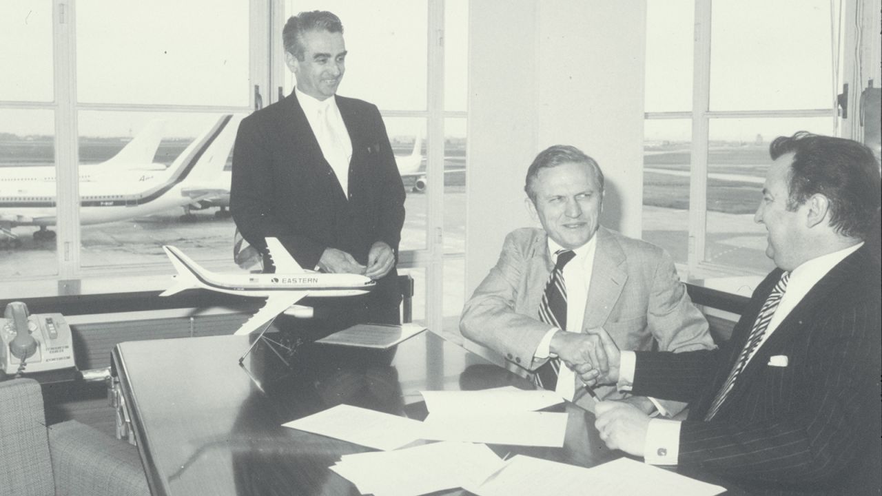 <strong>Eastern Airlines: </strong>Sales got off to a slow start, but after a landmark deal with Eastern Airlines -- CEO Frank Borman is pictured center -- the future of Airbus was secured. 