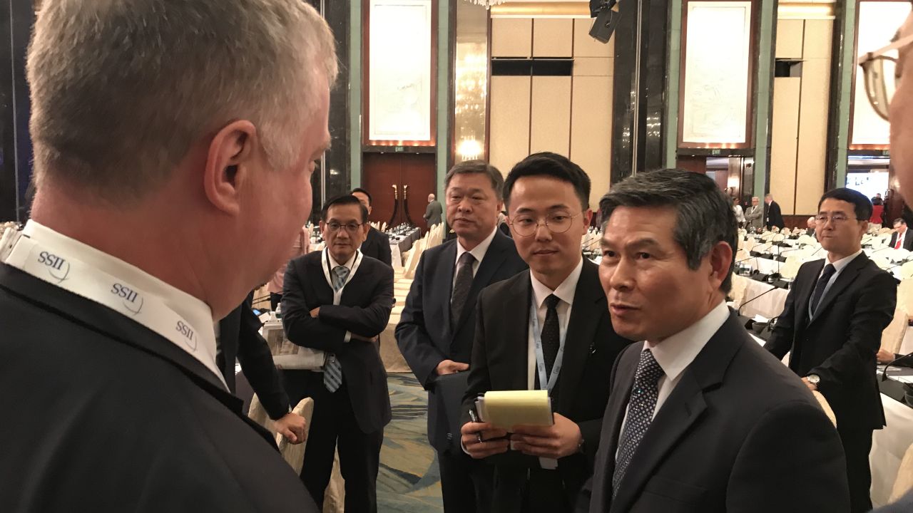 US Special Representative to North Korea Stephen Biegun (facing away from the camera) and the South Korean Defense Minister Jeong Kyeong-doo at the Shangri-La Dialogue security conference in Singapore.