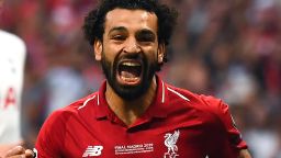 Liverpool's Egyptian forward Mohamed Salah celebrates after scoring the opening goal during the UEFA Champions League final football match between Liverpool and Tottenham Hotspur at the Wanda Metropolitano Stadium in Madrid on June 1, 2019. (Photo by GABRIEL BOUYS / AFP)        (Photo credit should read GABRIEL BOUYS/AFP/Getty Images)