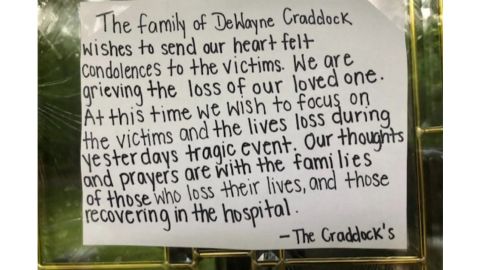 A representative for the family of DeWayne Craddock sent a photo of a note on their door with their statement to CNN's Scott Glover.