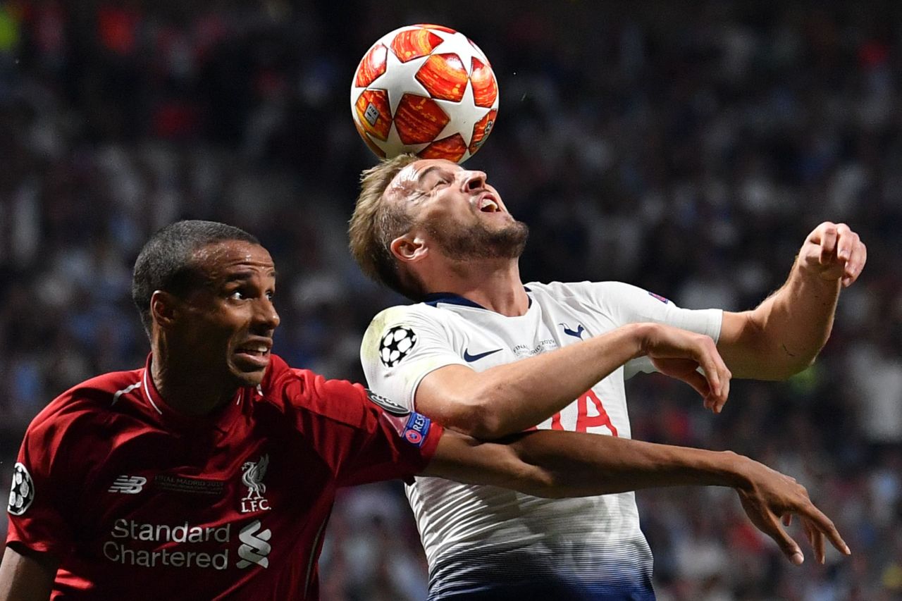 Liverpool defender Joel Matip (L) and Tottenham Hotspur striker Harry Kane battled for the ball. Kane made his first appearance in 55 days, after an injury sustained in the Champions League quarterfinal. 