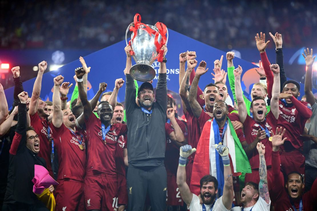 Jurgen Klopp lifts the Champions League trophy after Liverpool beat Tottenham.