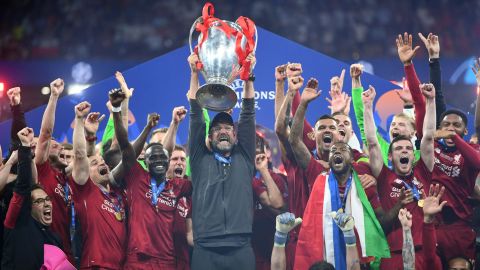 Jurgen Klopp lifts the Champions League trophy after Liverpool beat Tottenham.