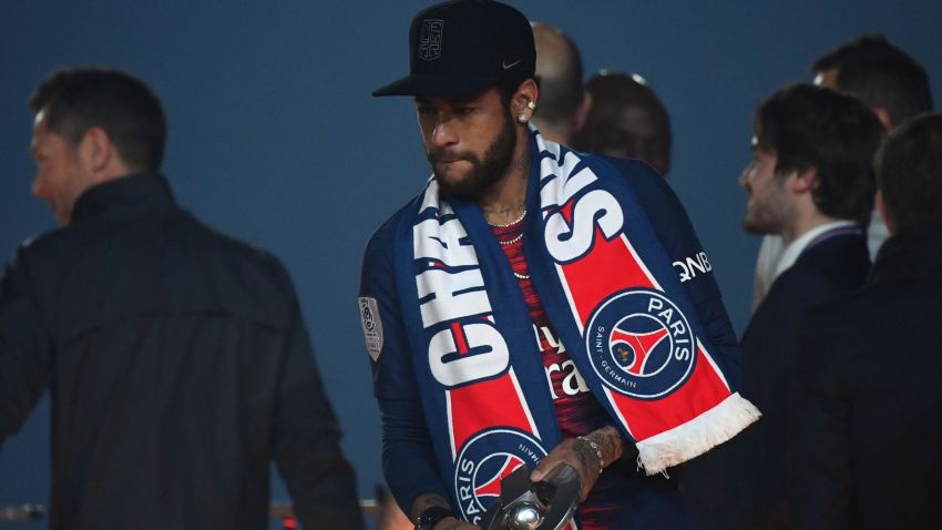 Paris Saint-Germain's Brazilian forward Neymar reacts during the champion's trophy ceremony at the end of the French L1 football match between Paris Saint-Germain (PSG) and Dijon at the Parc des Princes stadium in Paris on May 18, 2019. (Photo by FRANCK FIFE / AFP)        (Photo credit should read FRANCK FIFE/AFP/Getty Images)