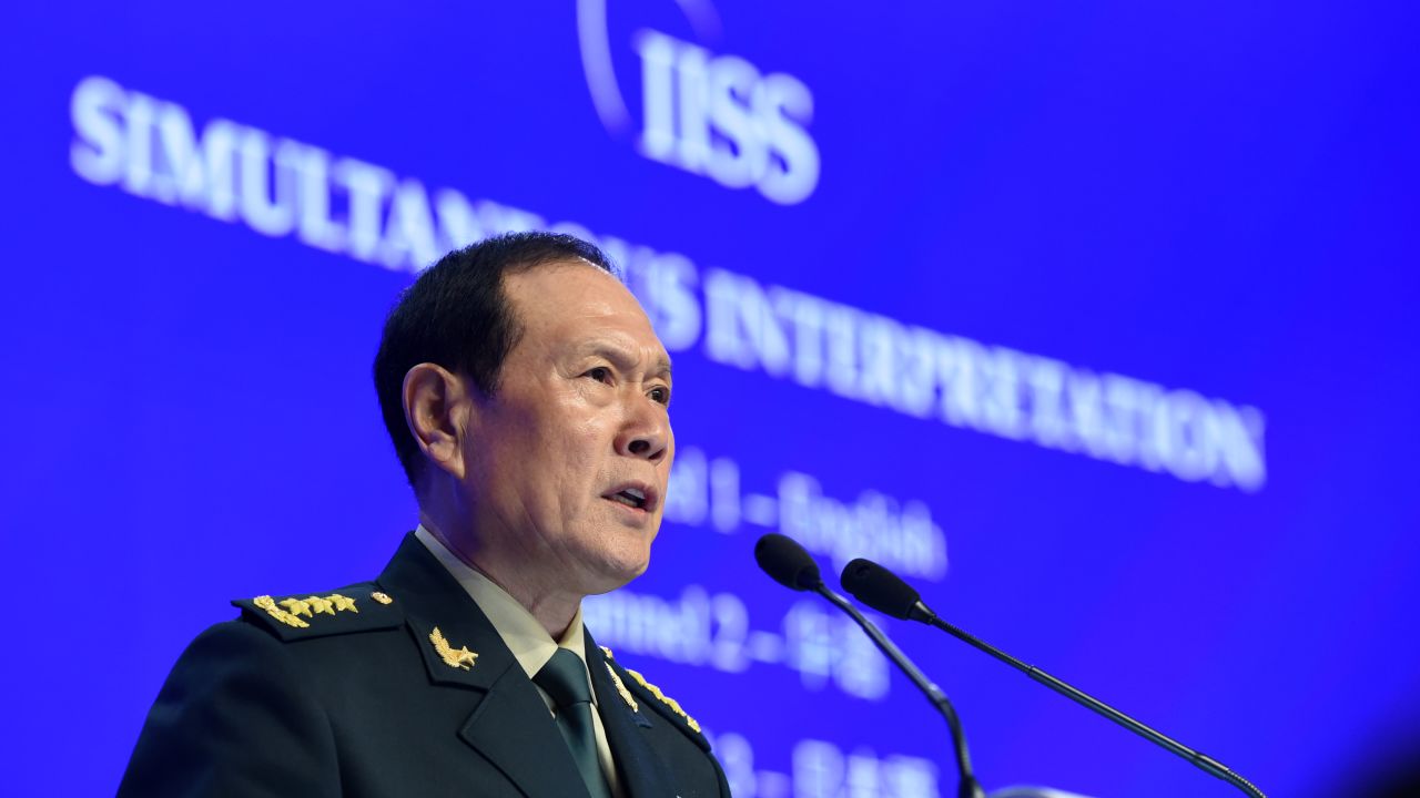 China Defence Minister Wei Fenghe addresses the Shangri-La Dialogue in Singapore on June 2.