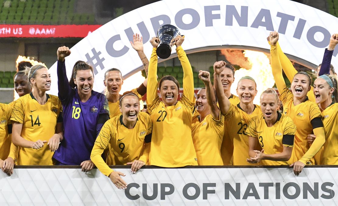 Australia celebrate winning the  Women's Cup of Nations in March 2019. 