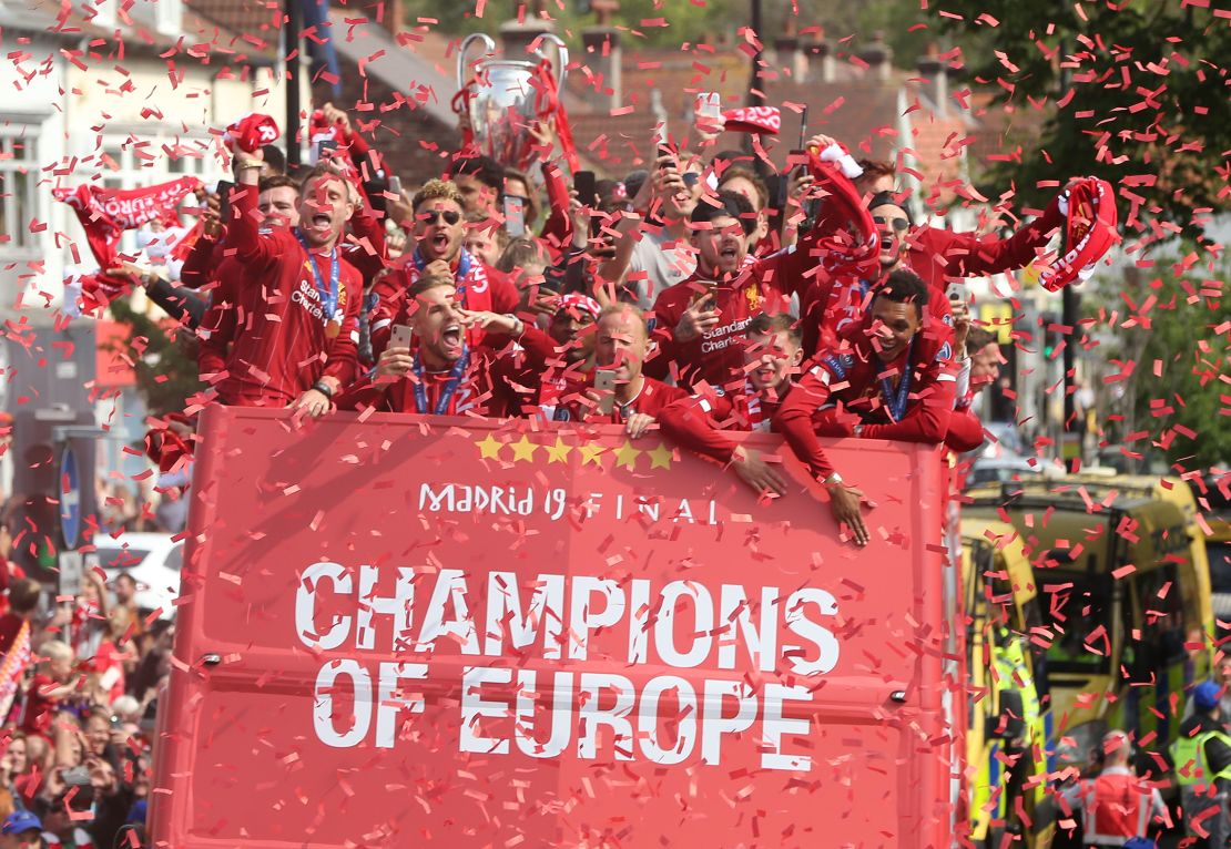 Liverpool's players celebrate winning the Champions League.