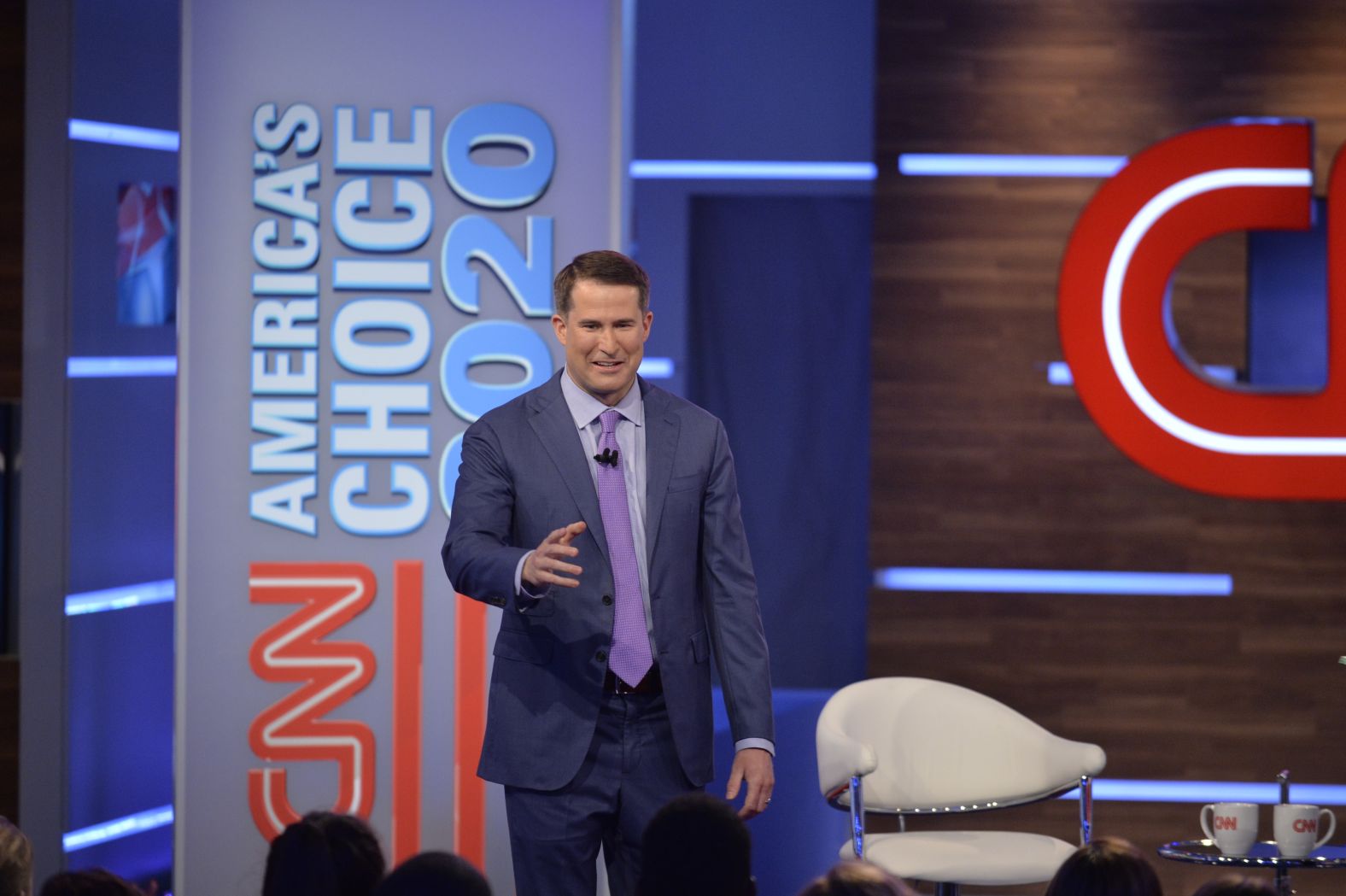 Moulton speaks in Atlanta during his CNN town hall in June 2019.