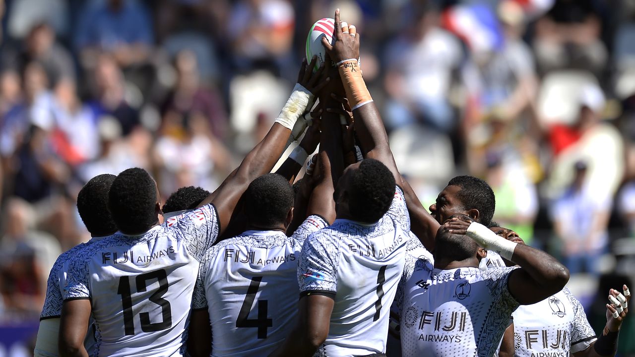 Fiji players gathered before a qualifying match against France at the World Rugby Sevens Series in Paris on Sunday. 